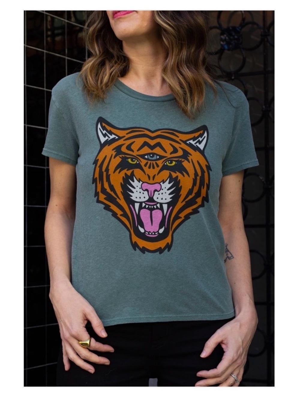 Women “Cosmic Tiger” Graphic Tee on vintage green